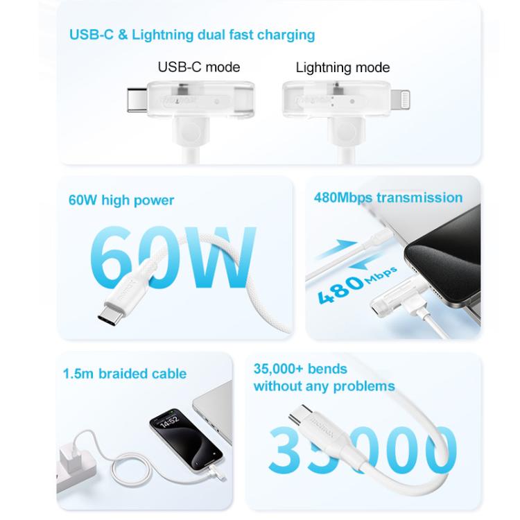 MOMAX DL56 1-Link Flow 60W Type-C to Type-C and 8 Pin Fast Charging Cable, Length:1.5m(White)