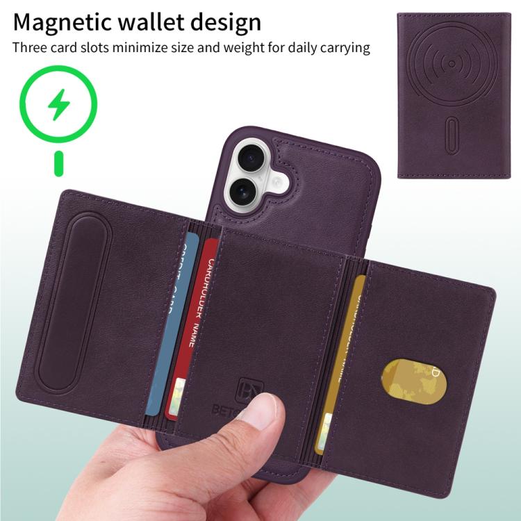 For iPhone 16 Plus BETOPNICE Horizontal Flip Detachable MagSafe Wallet Phone Case(Purple)