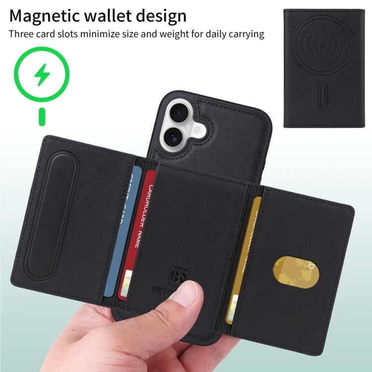 For iPhone 16 Plus BETOPNICE Horizontal Flip Detachable MagSafe Wallet Phone Case(Black)