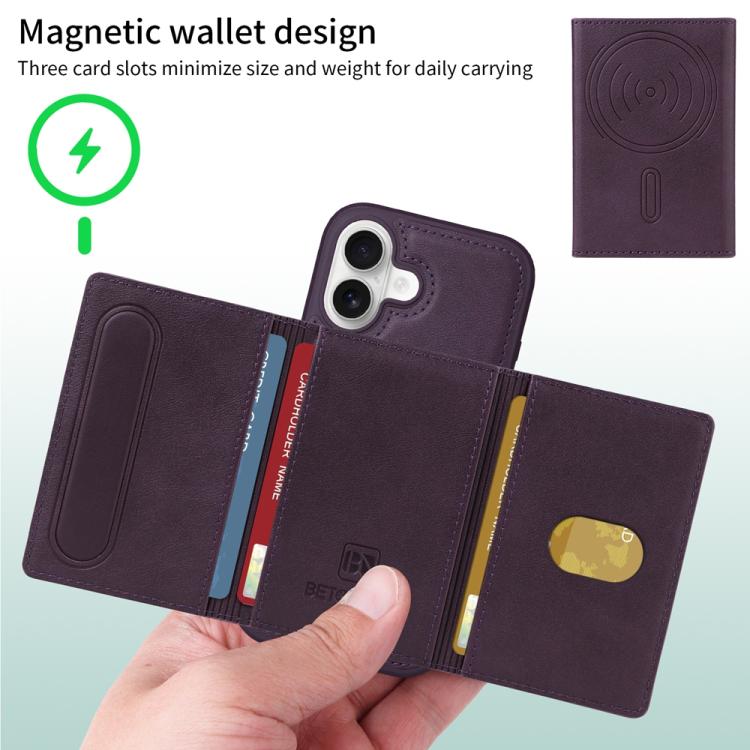 For iPhone 16 BETOPNICE Horizontal Flip Detachable MagSafe Wallet Phone Case(Purple)