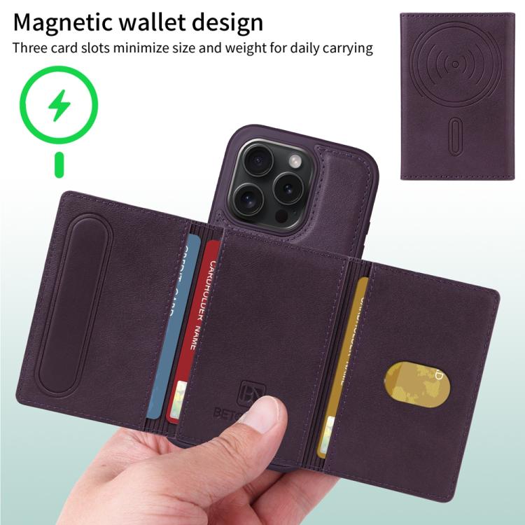 For iPhone 15 Pro BETOPNICE Horizontal Flip Detachable MagSafe Wallet Phone Case(Purple)