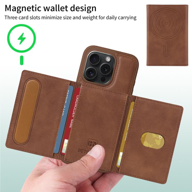 For iPhone 15 Pro BETOPNICE Horizontal Flip Detachable MagSafe Wallet Phone Case(Brown)