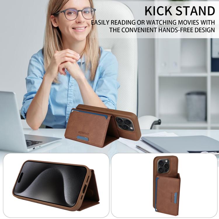 For iPhone 15 Pro BETOPNICE Horizontal Flip Detachable MagSafe Wallet Phone Case(Brown)