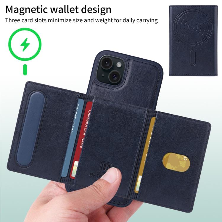 For iPhone 15 Plus BETOPNICE Horizontal Flip Detachable MagSafe Wallet Phone Case(Blue)