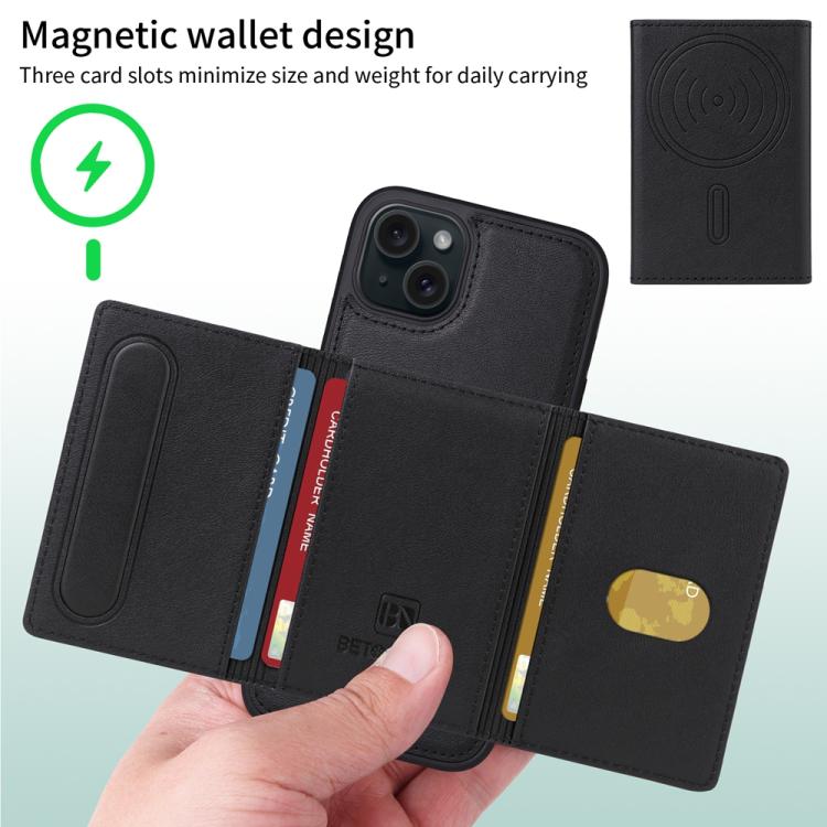For iPhone 15 Plus BETOPNICE Horizontal Flip Detachable MagSafe Wallet Phone Case(Black)