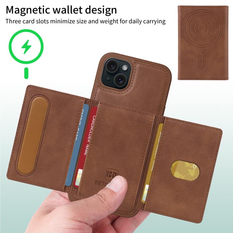 For iPhone 15 Plus BETOPNICE Horizontal Flip Detachable MagSafe Wallet Phone Case(Brown)