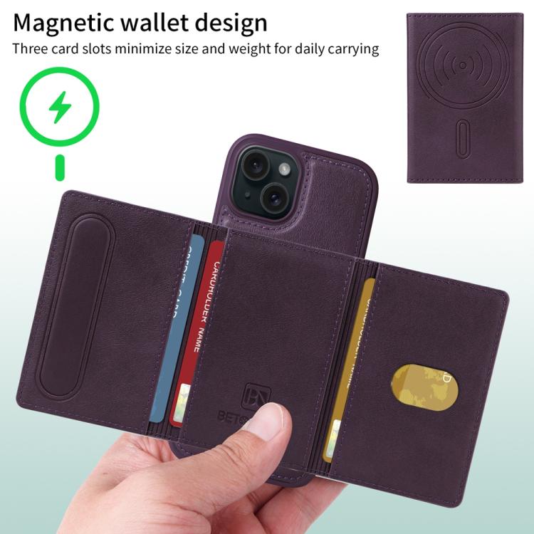 For iPhone 15 BETOPNICE Horizontal Flip Detachable MagSafe Wallet Phone Case(Purple)