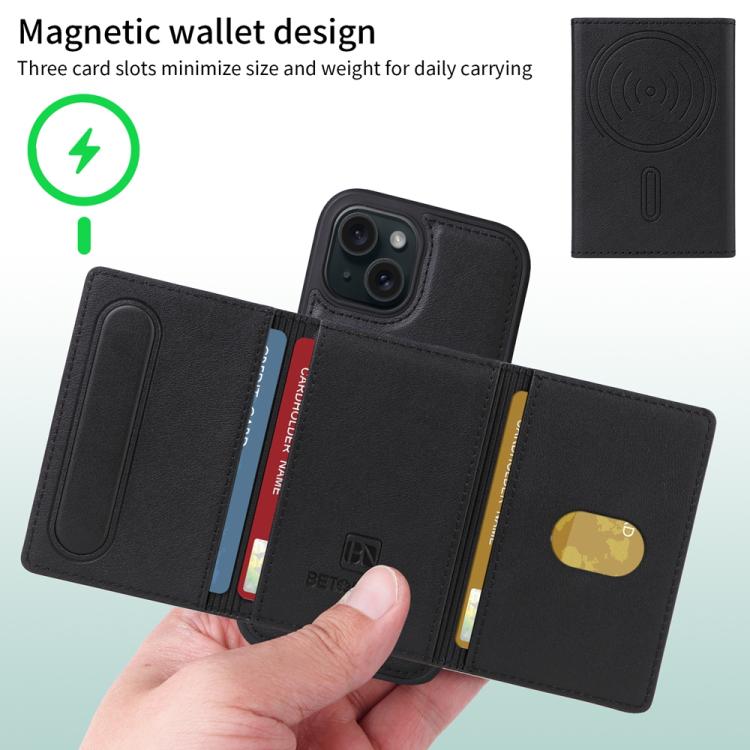 For iPhone 15 BETOPNICE Horizontal Flip Detachable MagSafe Wallet Phone Case(Black)