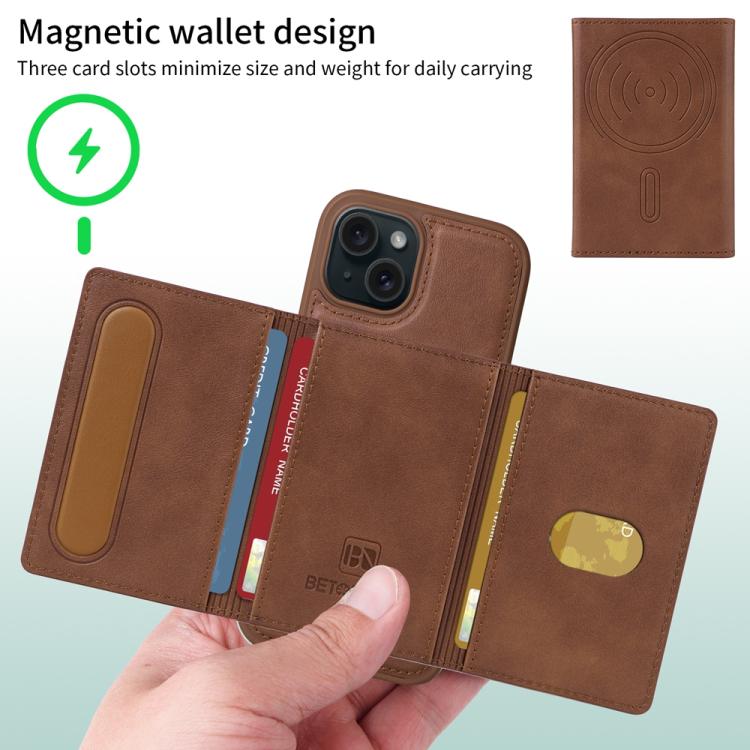 For iPhone 15 BETOPNICE Horizontal Flip Detachable MagSafe Wallet Phone Case(Brown)