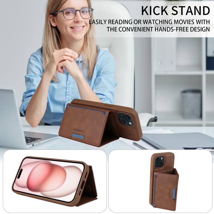 For iPhone 15 BETOPNICE Horizontal Flip Detachable MagSafe Wallet Phone Case(Brown)