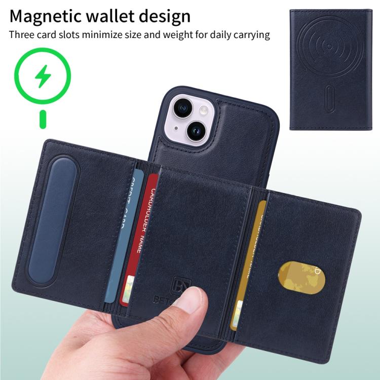 For iPhone 14 Plus BETOPNICE Horizontal Flip Detachable MagSafe Wallet Phone Case(Blue)