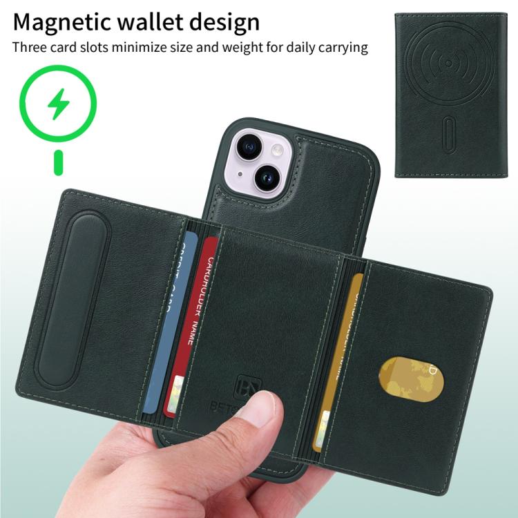 For iPhone 14 Plus BETOPNICE Horizontal Flip Detachable MagSafe Wallet Phone Case(Green)