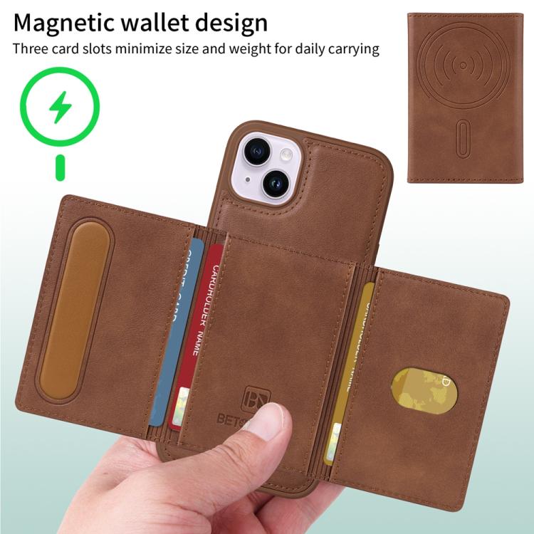 For iPhone 14 Plus BETOPNICE Horizontal Flip Detachable MagSafe Wallet Phone Case(Brown)