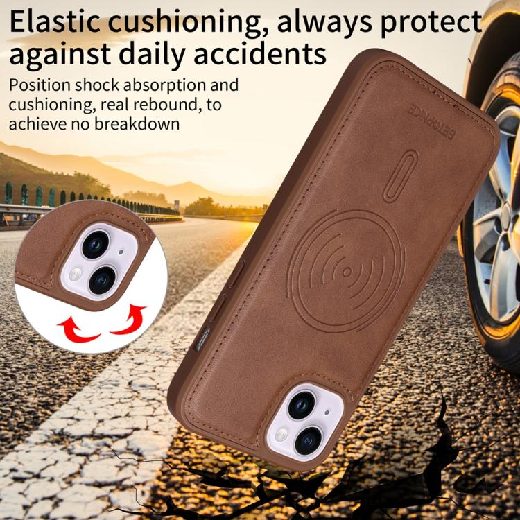 For iPhone 14 Plus BETOPNICE Horizontal Flip Detachable MagSafe Wallet Phone Case(Brown)