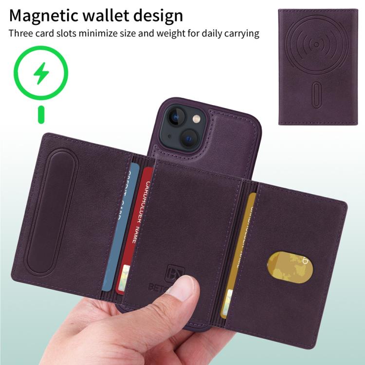 For iPhone 14 / 13 BETOPNICE Horizontal Flip Detachable MagSafe Wallet Phone Case(Purple)