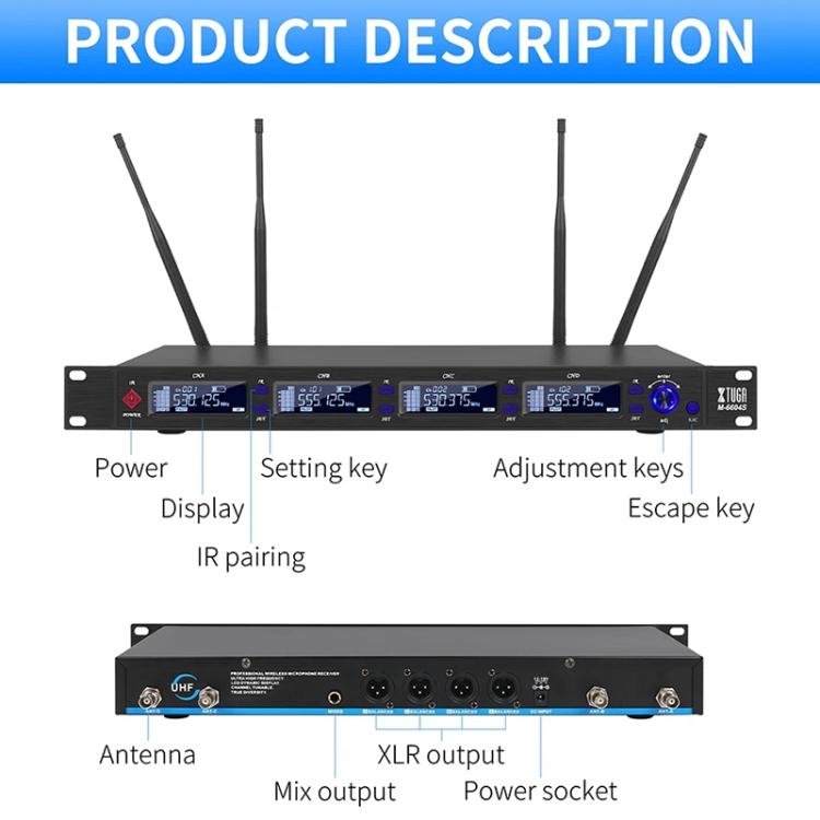 XTUGA M6604S-H Diversity Wireless Microphone System 4 Channel UHF Handheld Microphone