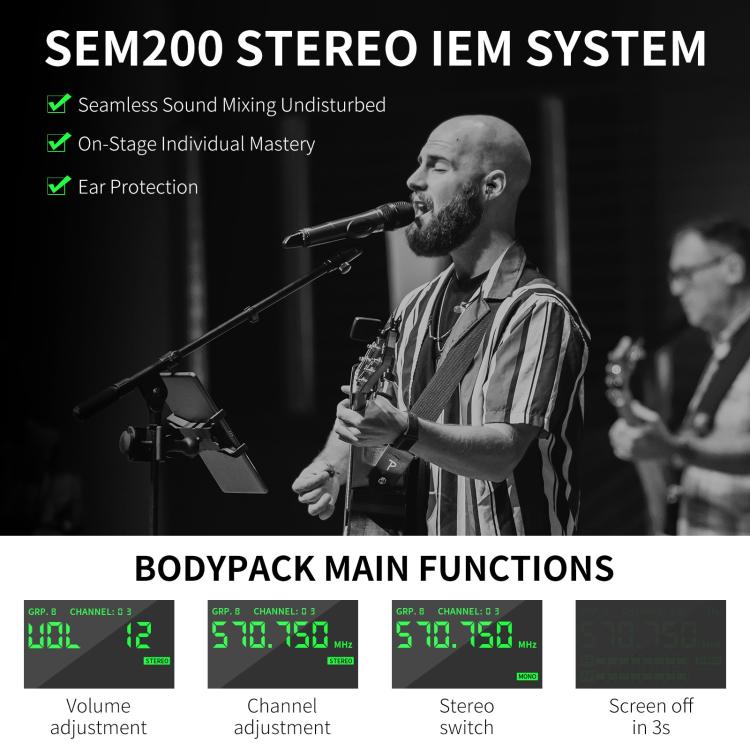 XTUGA SEM200 Wireless Stereo Stage Performance Professional In-ear Monitor System 2 BodyPacks + Transmitter