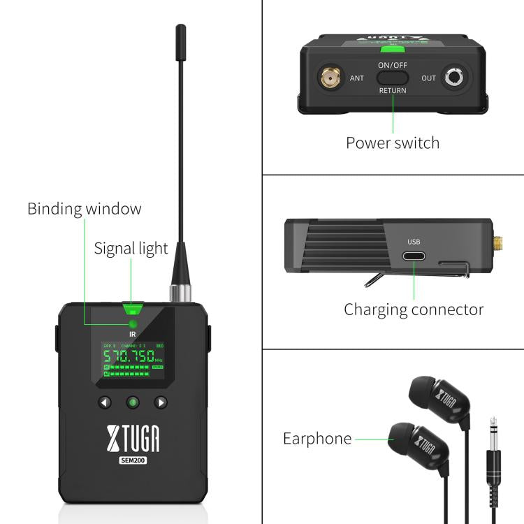 XTUGA SEM200 Wireless Stereo Stage Performance Professional In-ear Monitor System 2 BodyPacks + Transmitter