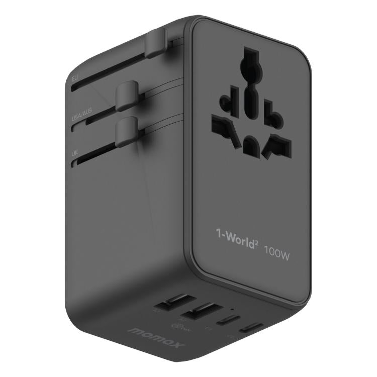 MOMAX UA23 1-World 2 4-Port Mini Universal Travel GaN Charger 100W with Dual AC(Black)