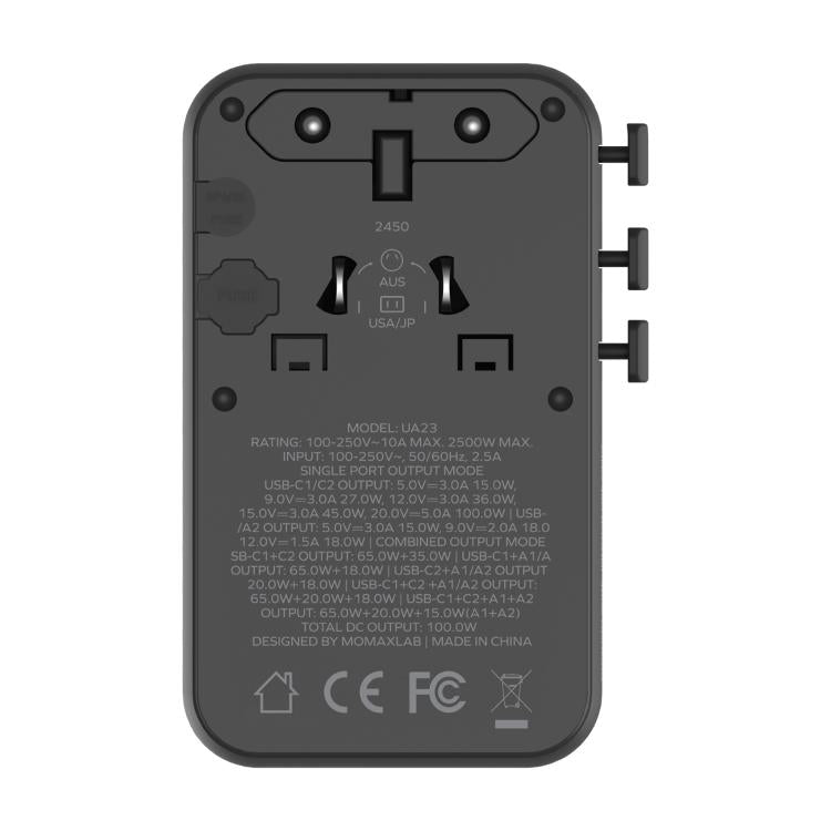 MOMAX UA23 1-World 2 4-Port Mini Universal Travel GaN Charger 100W with Dual AC(Black)
