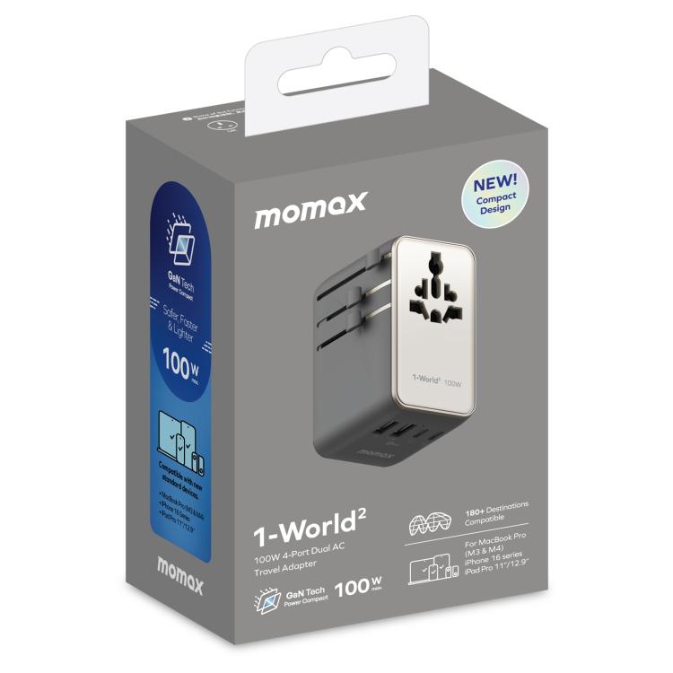 MOMAX UA23 1-World 2 4-Port Mini Universal Travel GaN Charger 100W with Dual AC(Titanium)