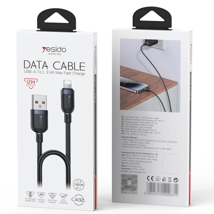 Yesido CA132L 12W 2.4A USB to 8 Pin Charging Data Cable, Length:1.2m(Black)