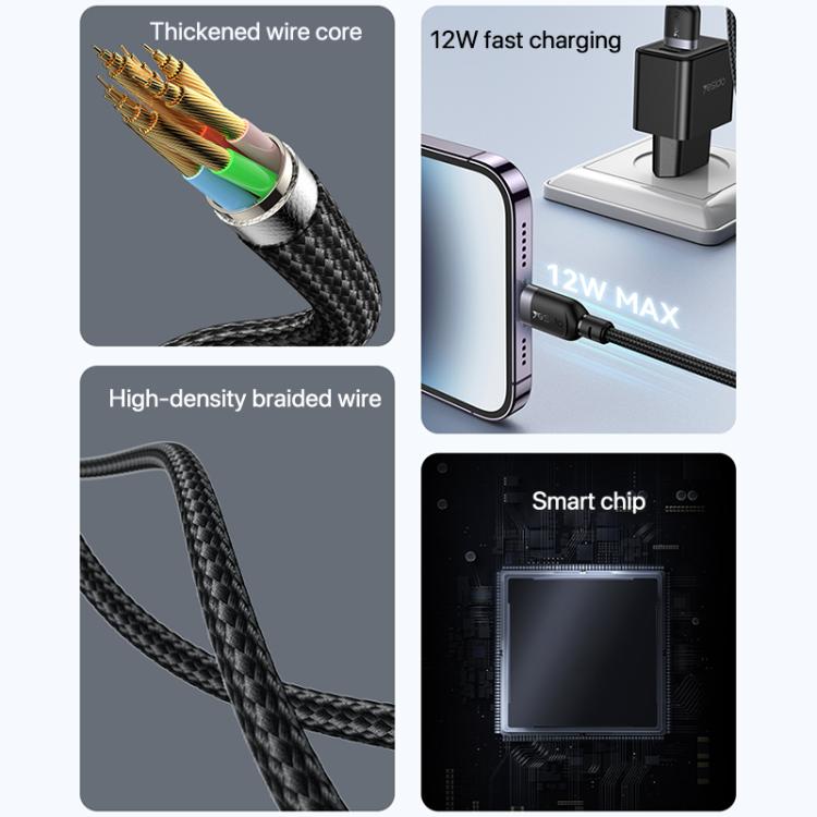 Yesido CA134L 12W 2.4A USB to 8 Pin Charging Data Cable, Length:3m(Black)