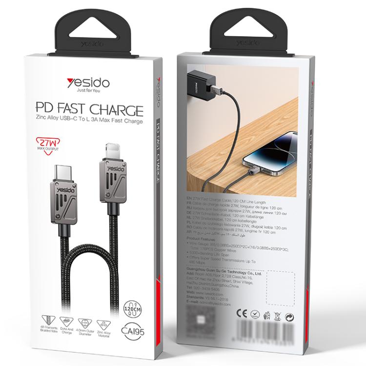 Yesido CA195 27W 3A USB-C / Type-C to 8 Pin Zinc Alloy Data Cable, Length:1.2m(Black)