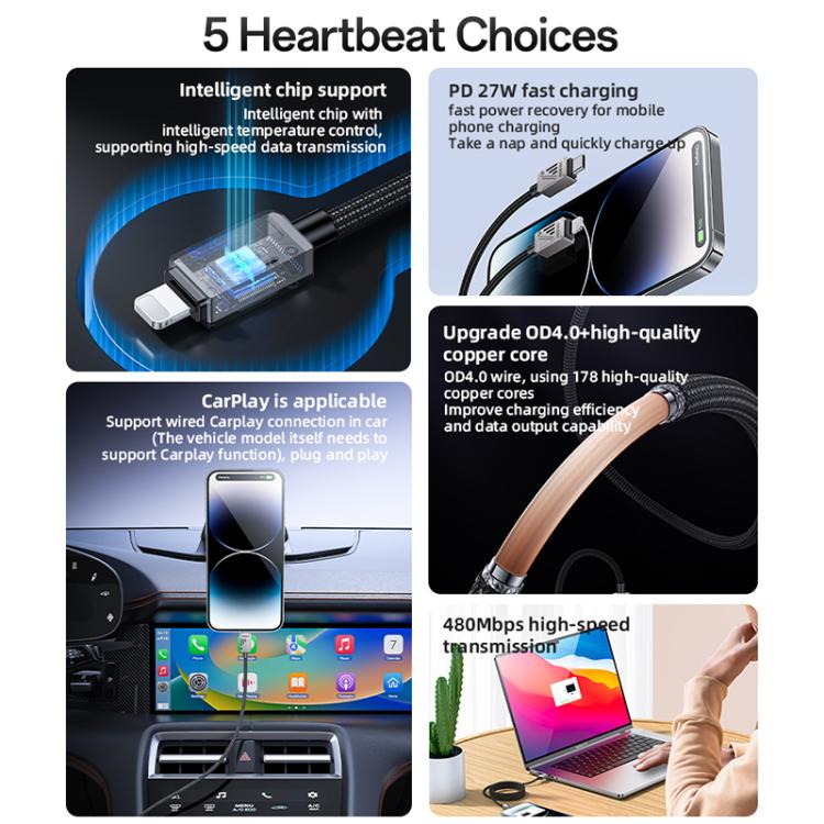 Yesido CA195 27W 3A USB-C / Type-C to 8 Pin Zinc Alloy Data Cable, Length:1.2m(Black)