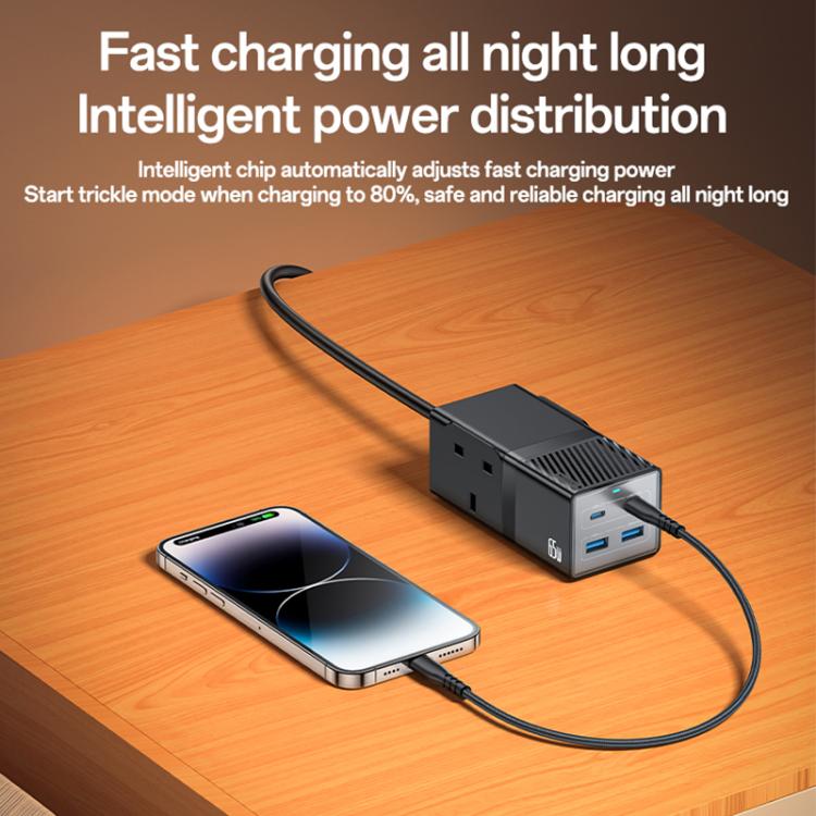 Yesido MC38 65W 6 In 1 Dual Type-C and Dual USB-A with 2 Socket GaN Fast Charging Power Socket, UK Plug(Black)
