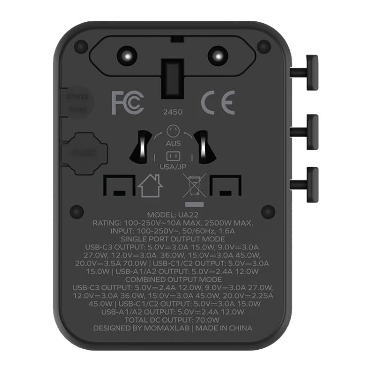 MOMAX UA22 1-World2 70W Dual AC Mini GaN Global Travel Fast Charging Socket(Black)