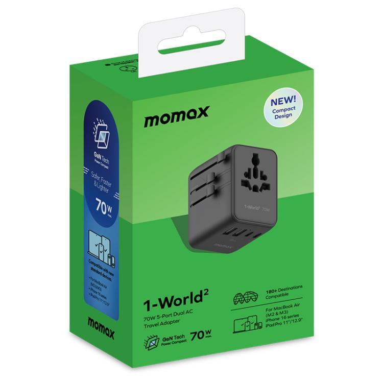 MOMAX UA22 1-World2 70W Dual AC Mini GaN Global Travel Fast Charging Socket(Black)