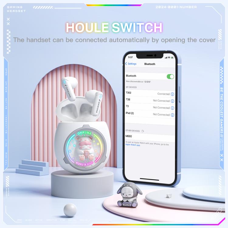 ONIKUMA T302 RGB Cute Unique Doll BT 5.4 Wireless Earphones, White, Pink