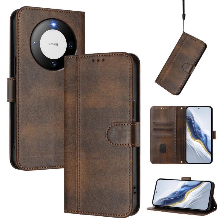 Line Splicing Buckle Retro Leather Phone Case, For Huawei Mate 60, For Huawei P60 Art, For Huawei P60 / P60 Pro
