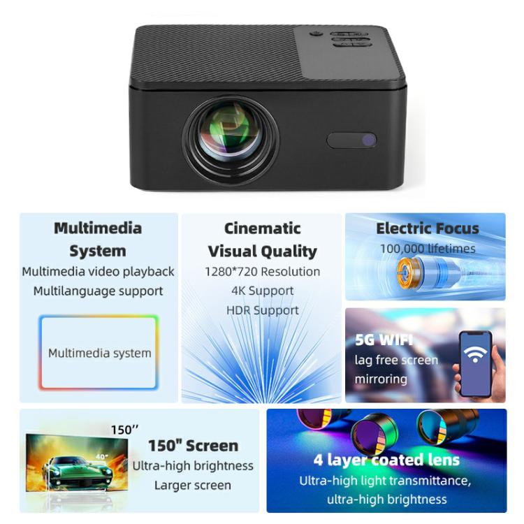 AUN A32 Pro 1280x720P 300ANSI Android 13 WIFI Display Smart Projector, EU Plug(Black)
