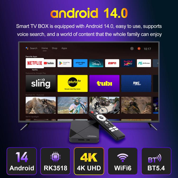H96Max 4K UHD Android 14 Smart TV Box with Remote Control, RK3518 Quad-Core, 2GB+16GB