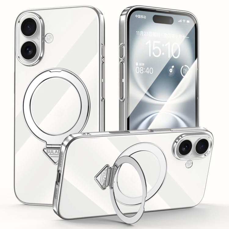 For iPhone 16 Plus SULADA Electroplated Transparent MagSafe Holder Phone Case(Silver)