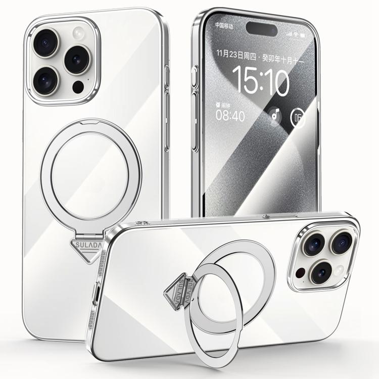 For iPhone 15 Pro Max SULADA Electroplated Transparent MagSafe Holder Phone Case(Silver)