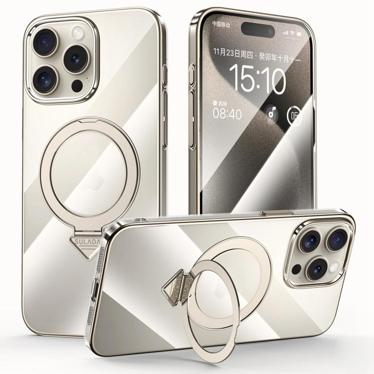 For iPhone 15 Pro SULADA Electroplated Transparent MagSafe Holder Phone Case(Grey)