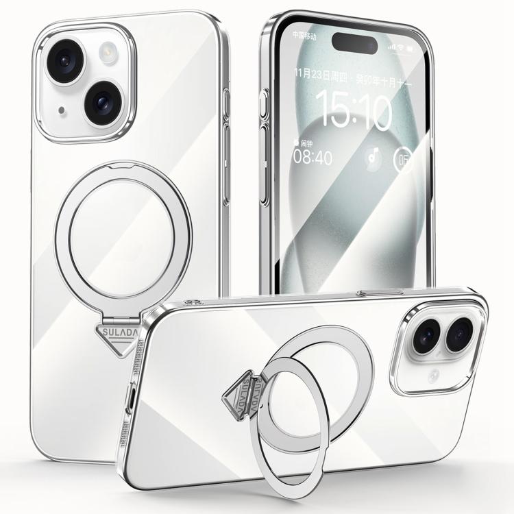For iPhone 15 SULADA Electroplated Transparent MagSafe Holder Phone Case(Silver)