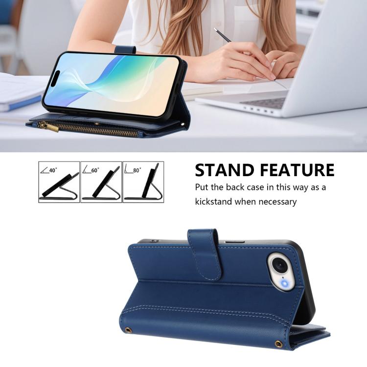 Magnetic Closure 9 Card Slots Zipper Leather Case with Hand Strap, For iPhone 17e / 16e, For iPhone 17 Pro Max, For iPhone 17 Pro, For iPhone 17