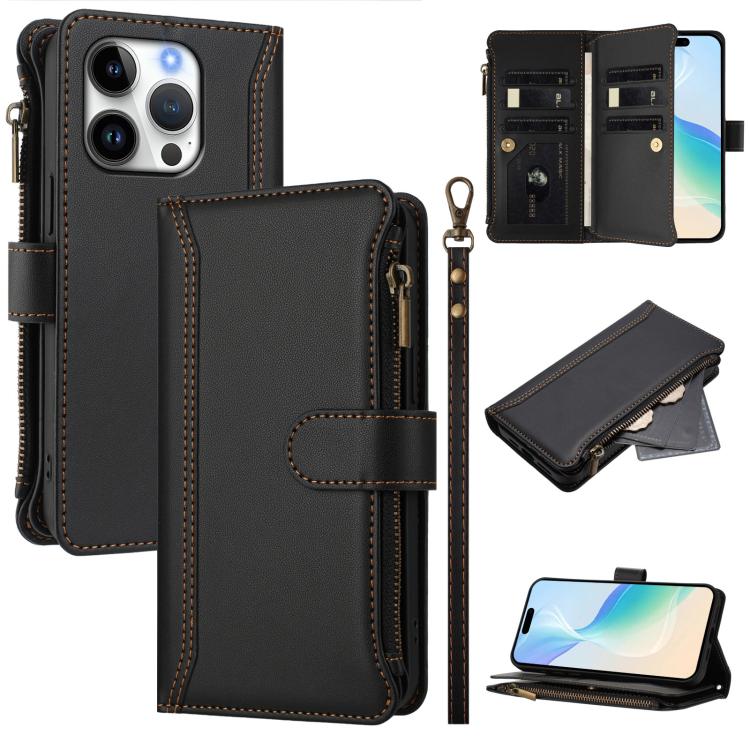Magnetic Closure 9 Card Slots Zipper Leather Case with Hand Strap, For iPhone Air, For iPhone 16 Pro Max, For iPhone 16 Pro, For iPhone 16 Plus