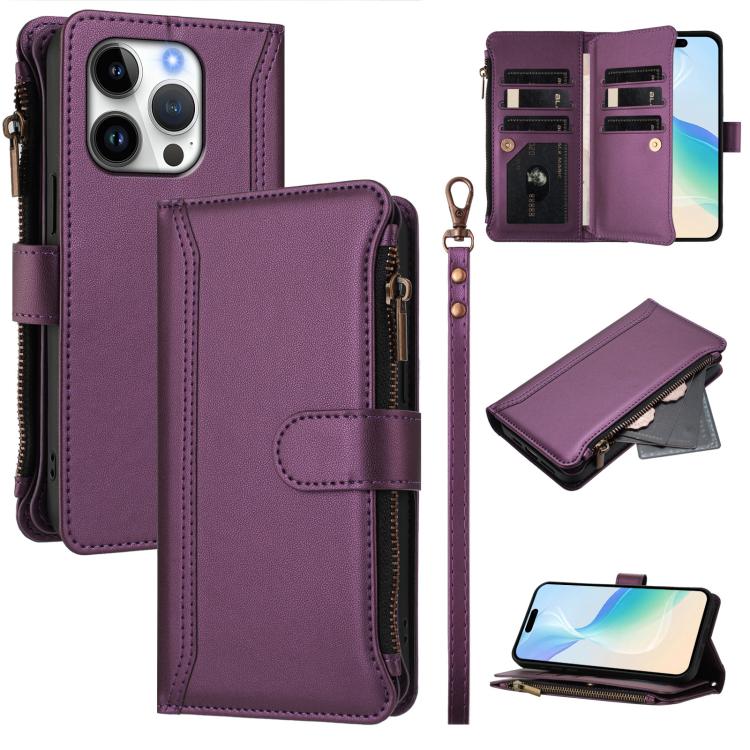Magnetic Closure 9 Card Slots Zipper Leather Case with Hand Strap, For iPhone Air, For iPhone 16 Pro Max, For iPhone 16 Pro, For iPhone 16 Plus