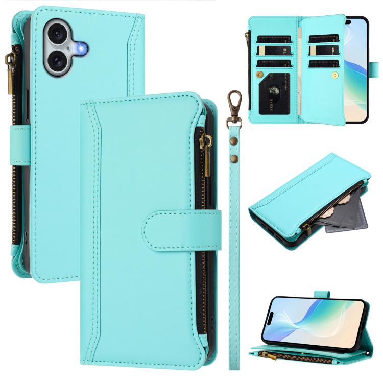 Magnetic Closure 9 Card Slots Zipper Leather Case with Hand Strap, For iPhone Air, For iPhone 16 Pro Max, For iPhone 16 Pro, For iPhone 16 Plus