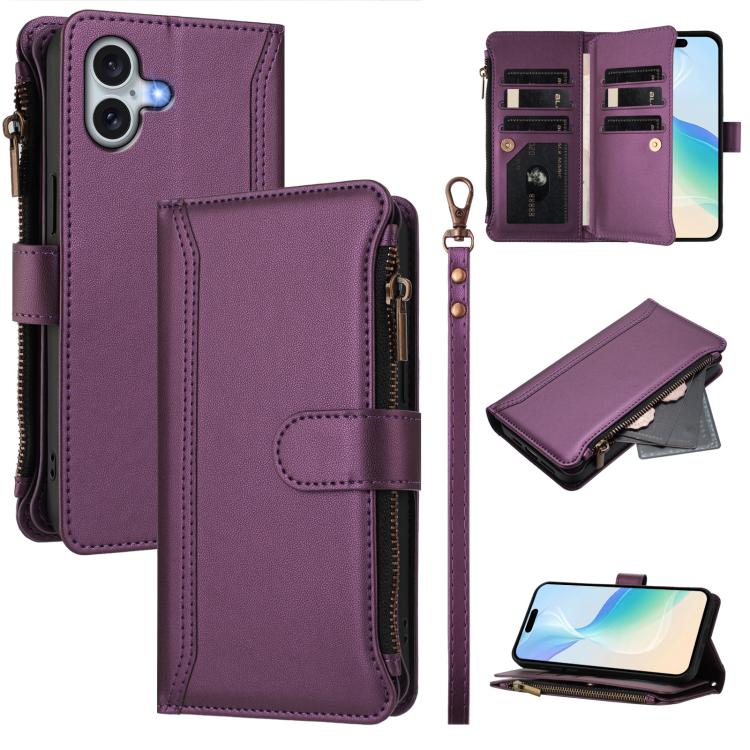 Magnetic Closure 9 Card Slots Zipper Leather Case with Hand Strap, For iPhone Air, For iPhone 16 Pro Max, For iPhone 16 Pro, For iPhone 16 Plus