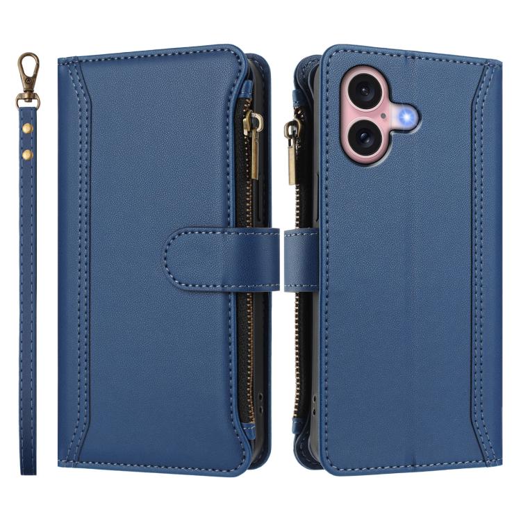 Magnetic Closure 9 Card Slots Zipper Leather Case with Hand Strap, For iPhone 16, For iPhone 15 Pro Max, For iPhone 15 Pro, For iPhone 15 Plus