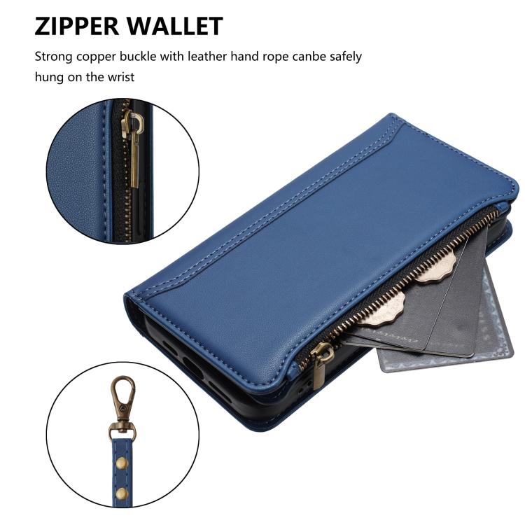 Magnetic Closure 9 Card Slots Zipper Leather Case with Hand Strap, For iPhone 15, For iPhone 14 Plus, For iPhone 14 / 13, For iPhone 14 Pro