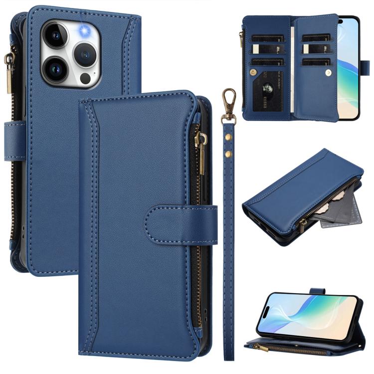 Magnetic Closure 9 Card Slots Zipper Leather Case with Hand Strap, For iPhone 15, For iPhone 14 Plus, For iPhone 14 / 13, For iPhone 14 Pro