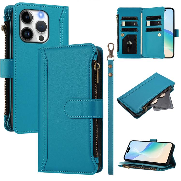 Magnetic Closure 9 Card Slots Zipper Leather Case with Hand Strap, For iPhone 15, For iPhone 14 Plus, For iPhone 14 / 13, For iPhone 14 Pro
