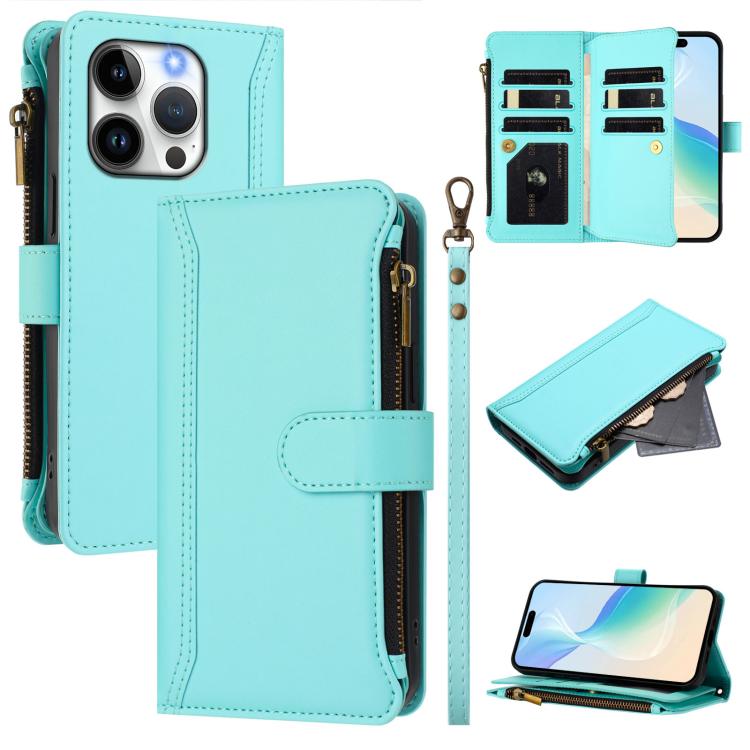 Magnetic Closure 9 Card Slots Zipper Leather Case with Hand Strap, For iPhone 15, For iPhone 14 Plus, For iPhone 14 / 13, For iPhone 14 Pro